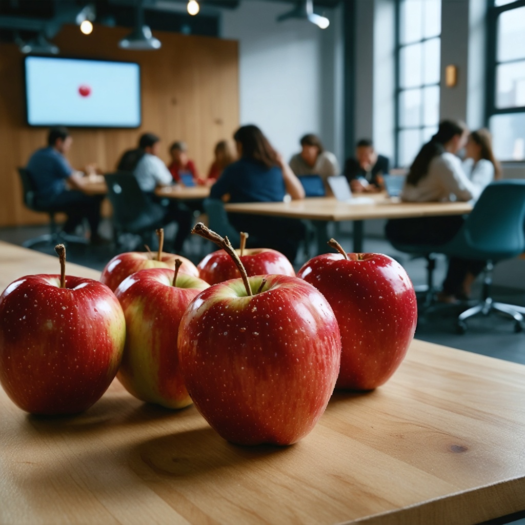 16k hd high quality photorealistic apples that work like people working in a office with people working