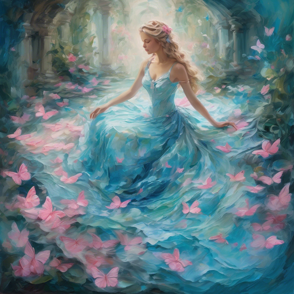 A mesmerizing impasto oil painting viewed from above, featuring a graceful princess in an enchanted palace garden. Her elegant gown, painted with thick, expressive brushstrokes, flows in layered swirls of aquamarine and soft blue, echoing the delicate ripples of a hidden royal pond. Delicate pink butterflies flutter around her, mirroring the pink petals of blooming roses scattered over a luminous mosaic walkway. Textured pebbles and intricate floral patterns form a magical tapestry beneath her, while the dynamic impasto technique adds depth and movement to the scene, encapsulating the warmth, regal elegance, and whimsical charm of a fairy-tale realm.