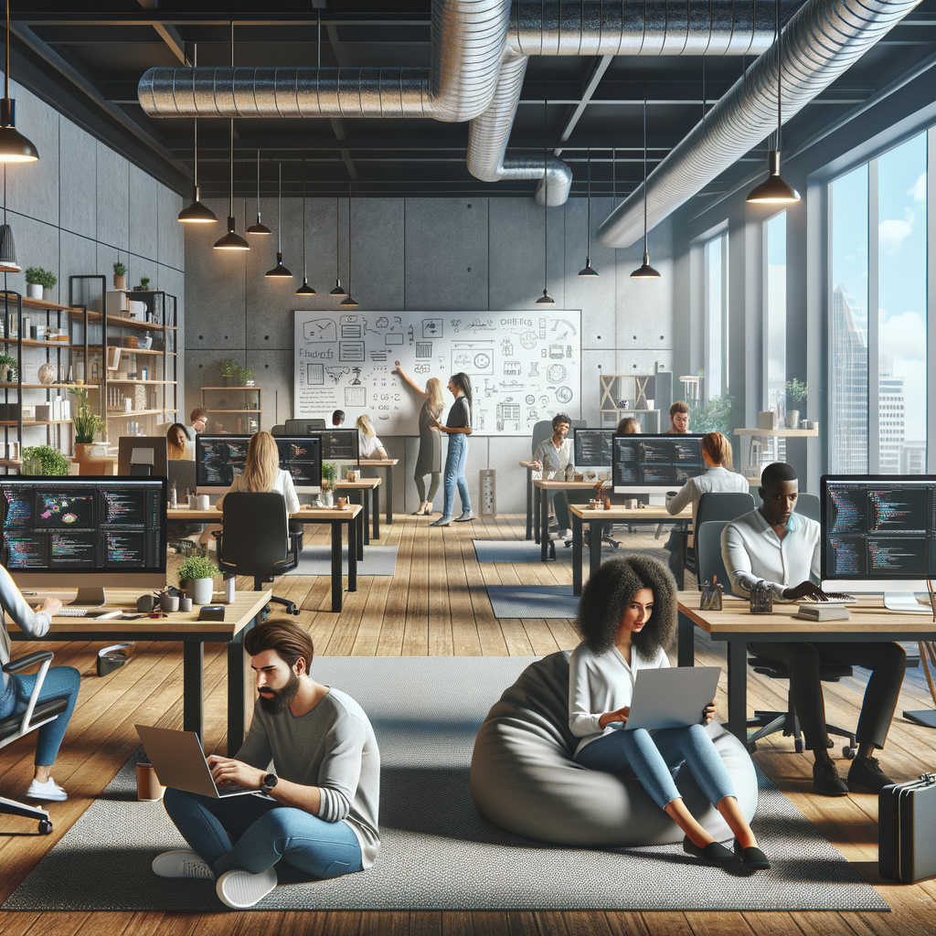 32k hd high quality photorealistic image of people working studio offic open floor plan