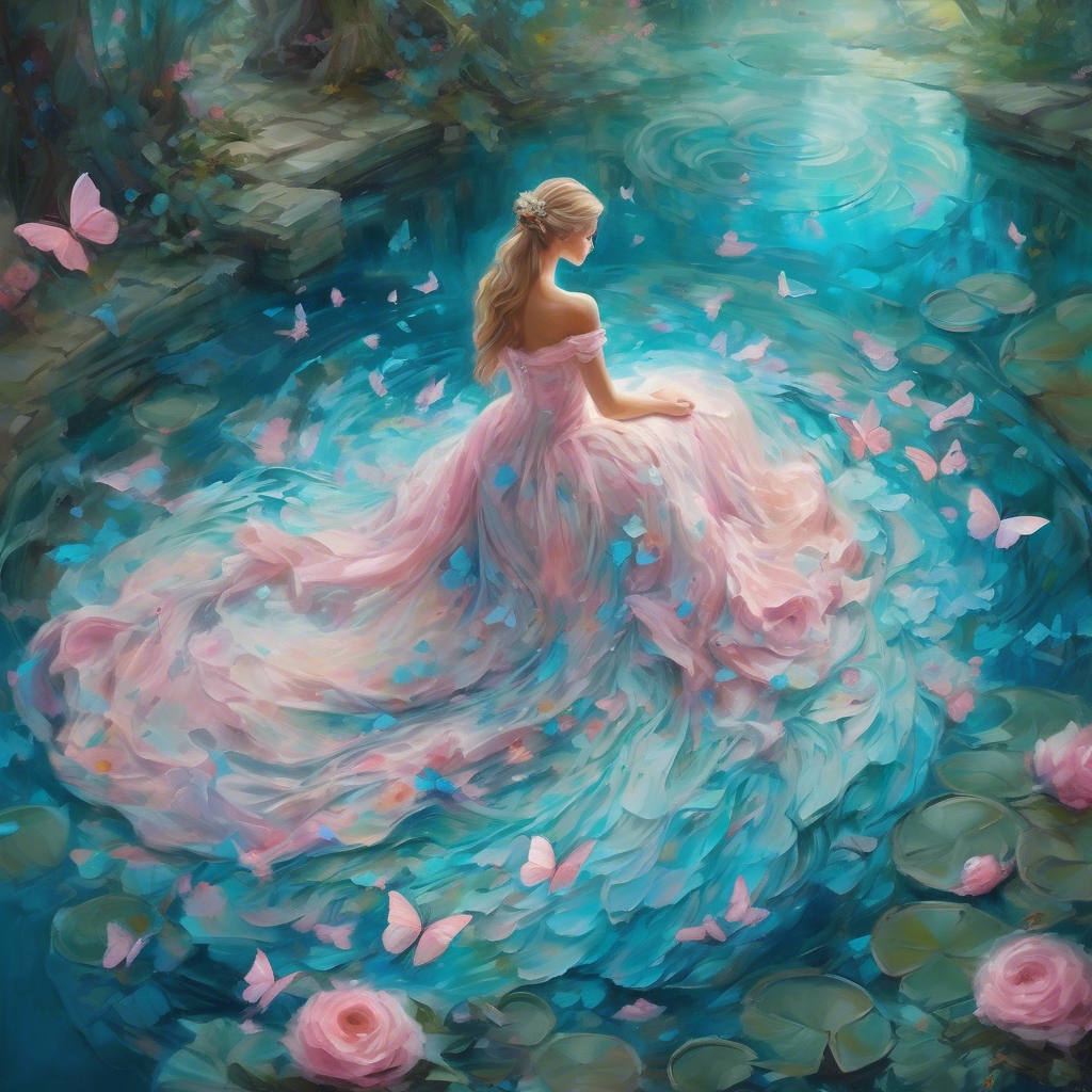 A mesmerizing impasto oil painting viewed from above, featuring a graceful princess in an enchanted palace garden. Her elegant gown, painted with thick, expressive brushstrokes, flows in layered swirls of aquamarine and soft blue, echoing the delicate ripples of a hidden royal pond. Delicate pink butterflies flutter around her, mirroring the pink petals of blooming roses scattered over a luminous mosaic walkway. Textured pebbles and intricate floral patterns form a magical tapestry beneath her, while the dynamic impasto technique adds depth and movement to the scene, encapsulating the warmth, regal elegance, and whimsical charm of a fairy-tale realm.