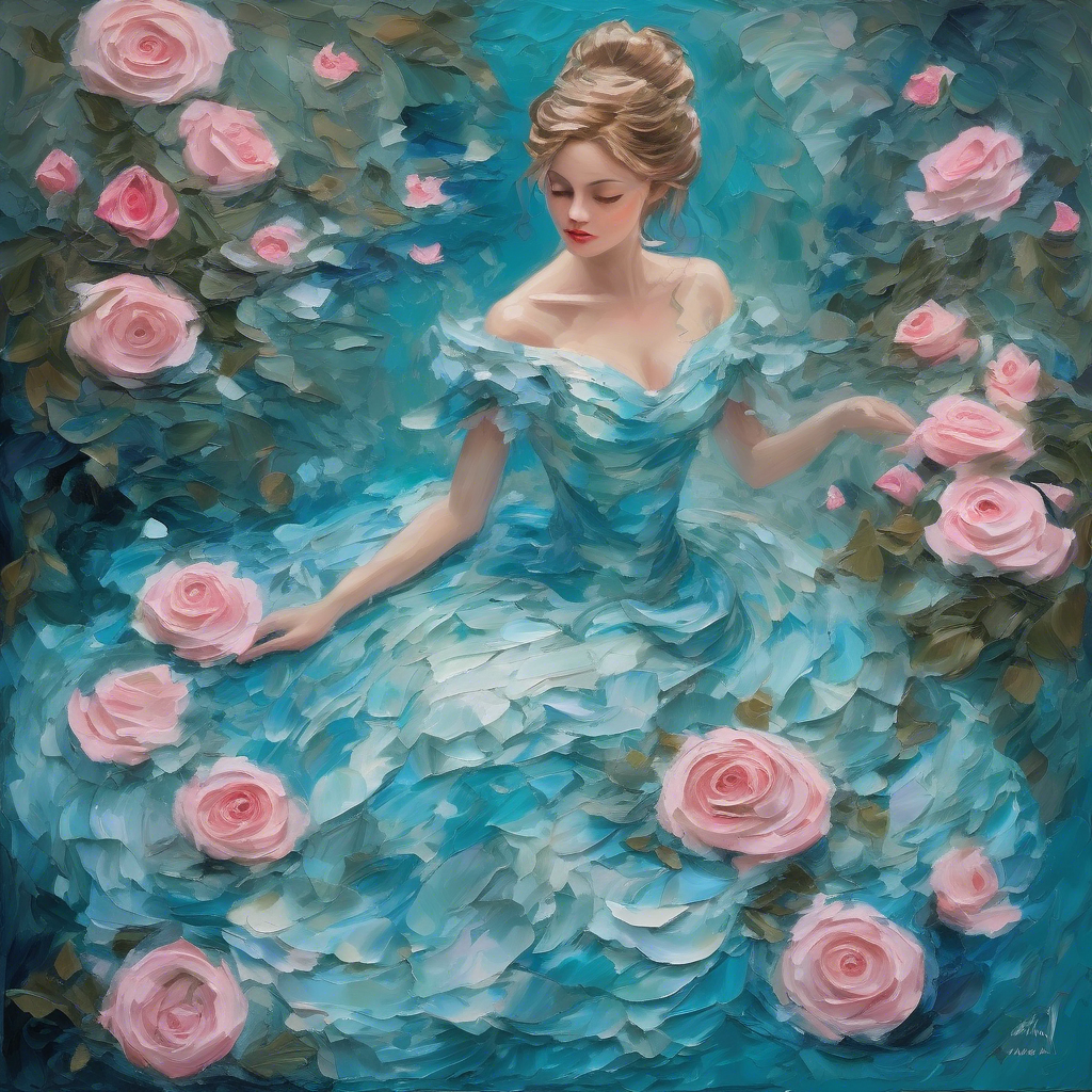 A mesmerizing impasto oil painting viewed from above, featuring a graceful princess in an enchanted palace garden. Her elegant gown, painted with thick, expressive brushstrokes, flows in layered swirls of aquamarine and soft blue, echoing the delicate ripples of a hidden royal pond. Delicate pink butterflies flutter around her, mirroring the pink petals of blooming roses scattered over a luminous mosaic walkway. Textured pebbles and intricate floral patterns form a magical tapestry beneath her, while the dynamic impasto technique adds depth and movement to the scene, encapsulating the warmth, regal elegance, and whimsical charm of a fairy-tale realm.