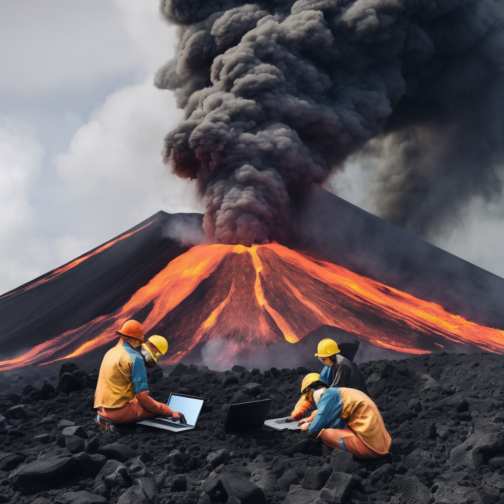 people working a laptop on volcano