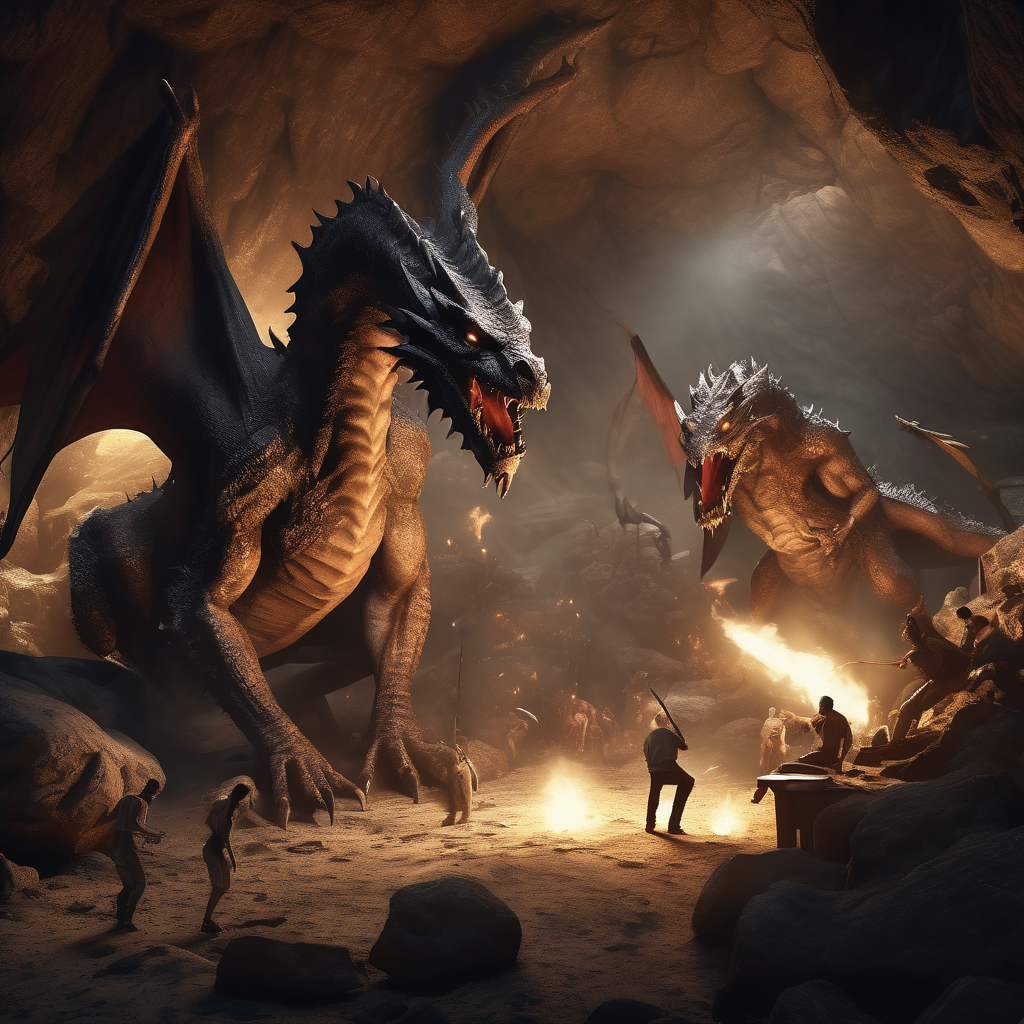 32k hd high quality photorealisticn image of people working in a office in a cave while fighting dragons