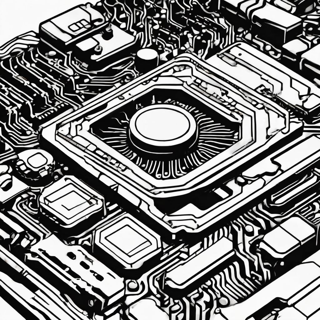computer chip black and white coloring book style