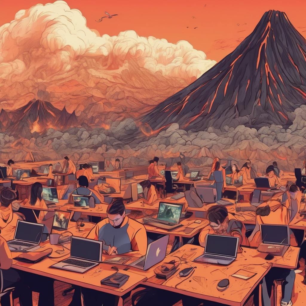 lots of people working a laptops in a studio esk office lava feild on volcano