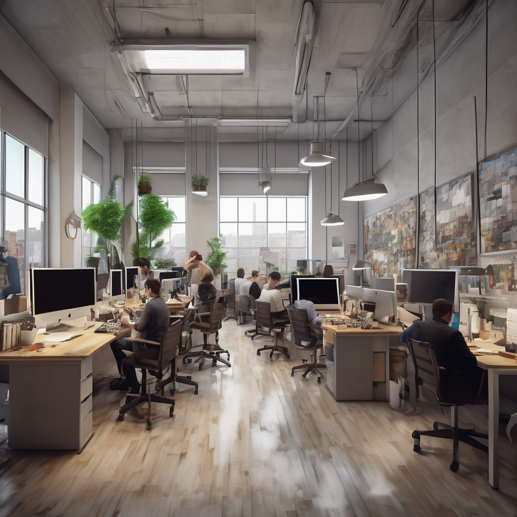 32k hd high quality photorealistic image of people working studio offic open floor plan