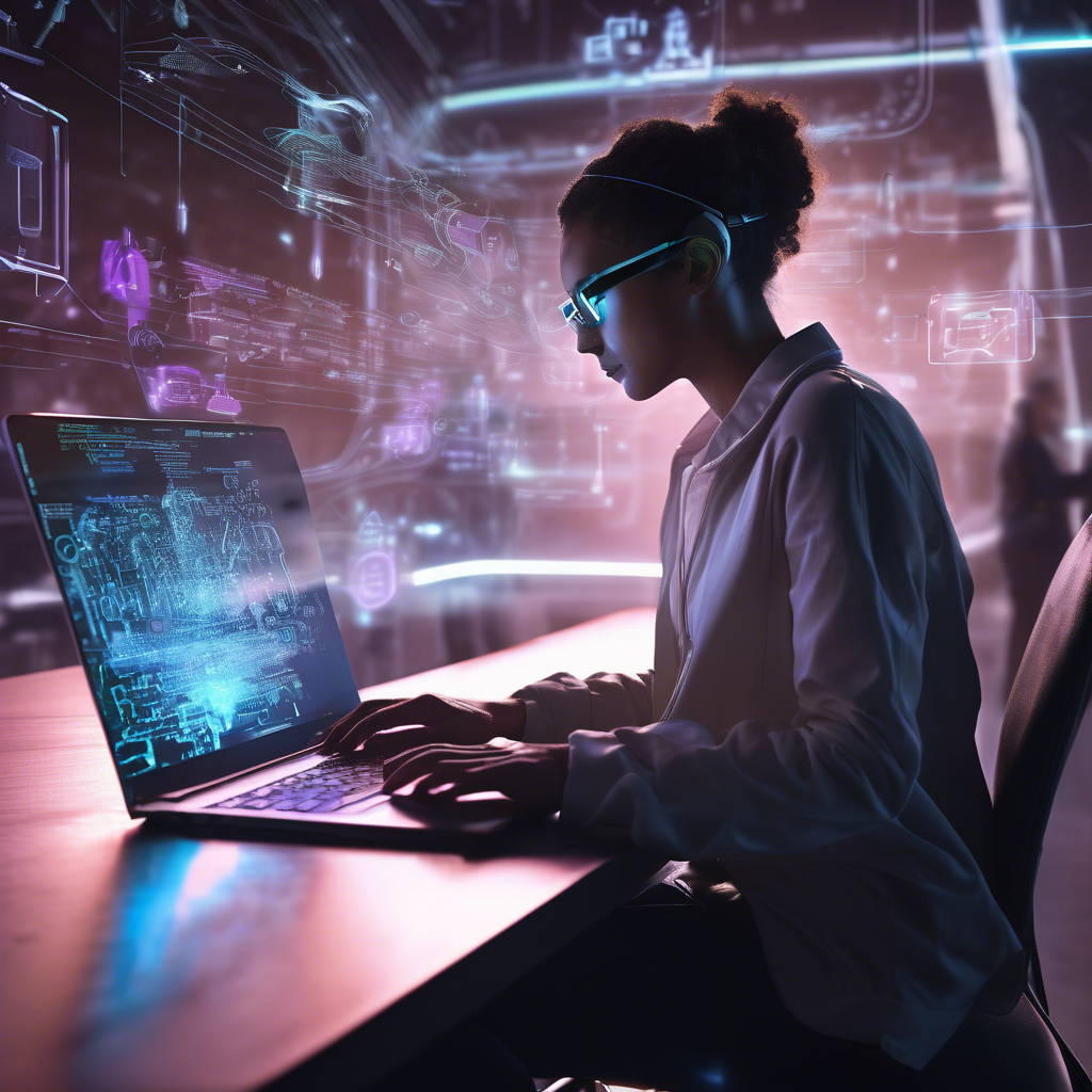 Create a high-tech scene featuring a person working on an advanced laptop. The individual is typing on a sleek, futuristic keyboard with holographic displays of code and AI symbols projected above it. The environment exudes a sense of innovation, with a digital interface blending seamlessly with the real world. The lighting is modern and ambient, highlighting the reflective surfaces of both the laptop and the holographic displays.