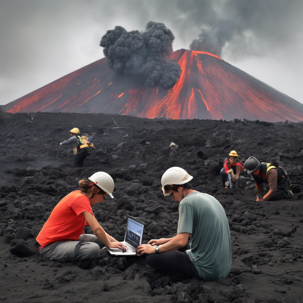 people working a laptop on volcano