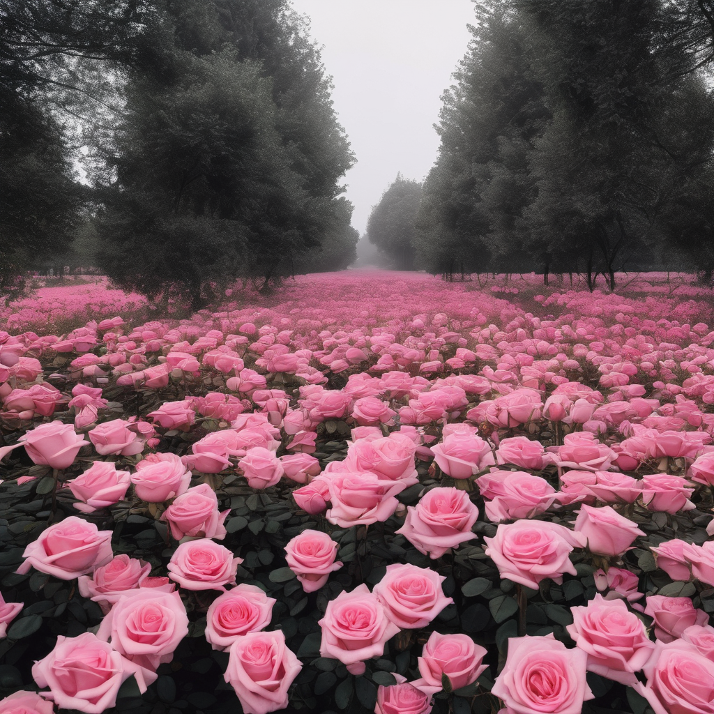 field of pink roses the size of trees in a forest
