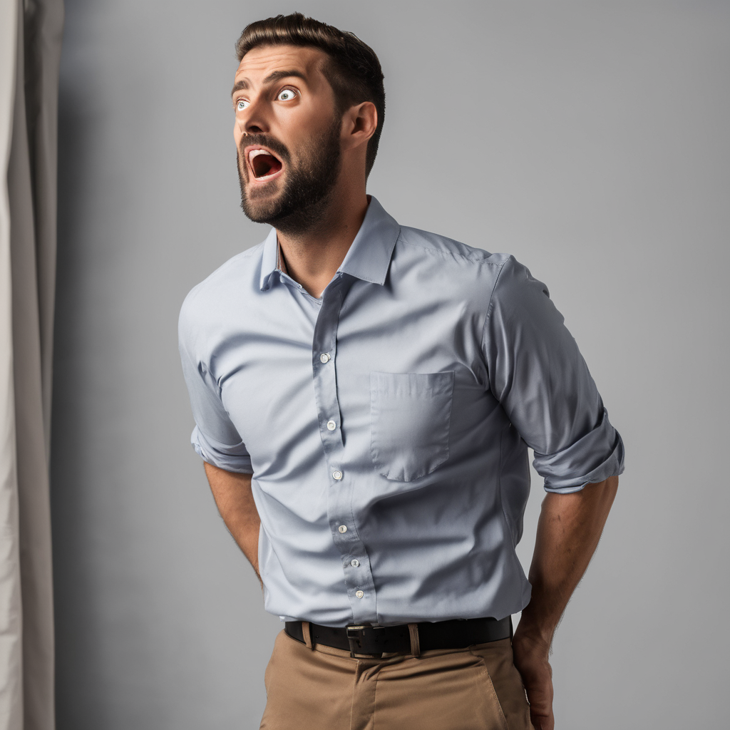 a man standing waist up wearing a office shirt looking amazed