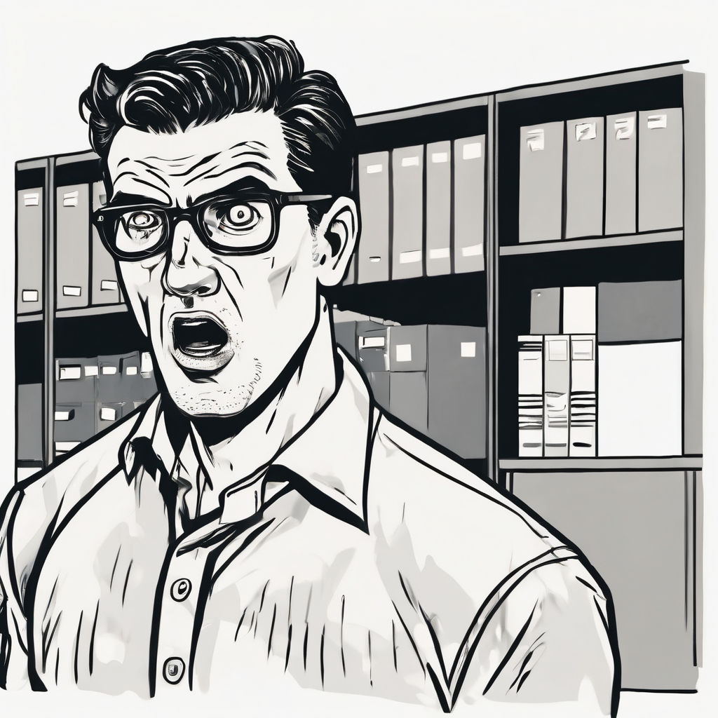 a man standing waist up wearing a office shirt looking amazed