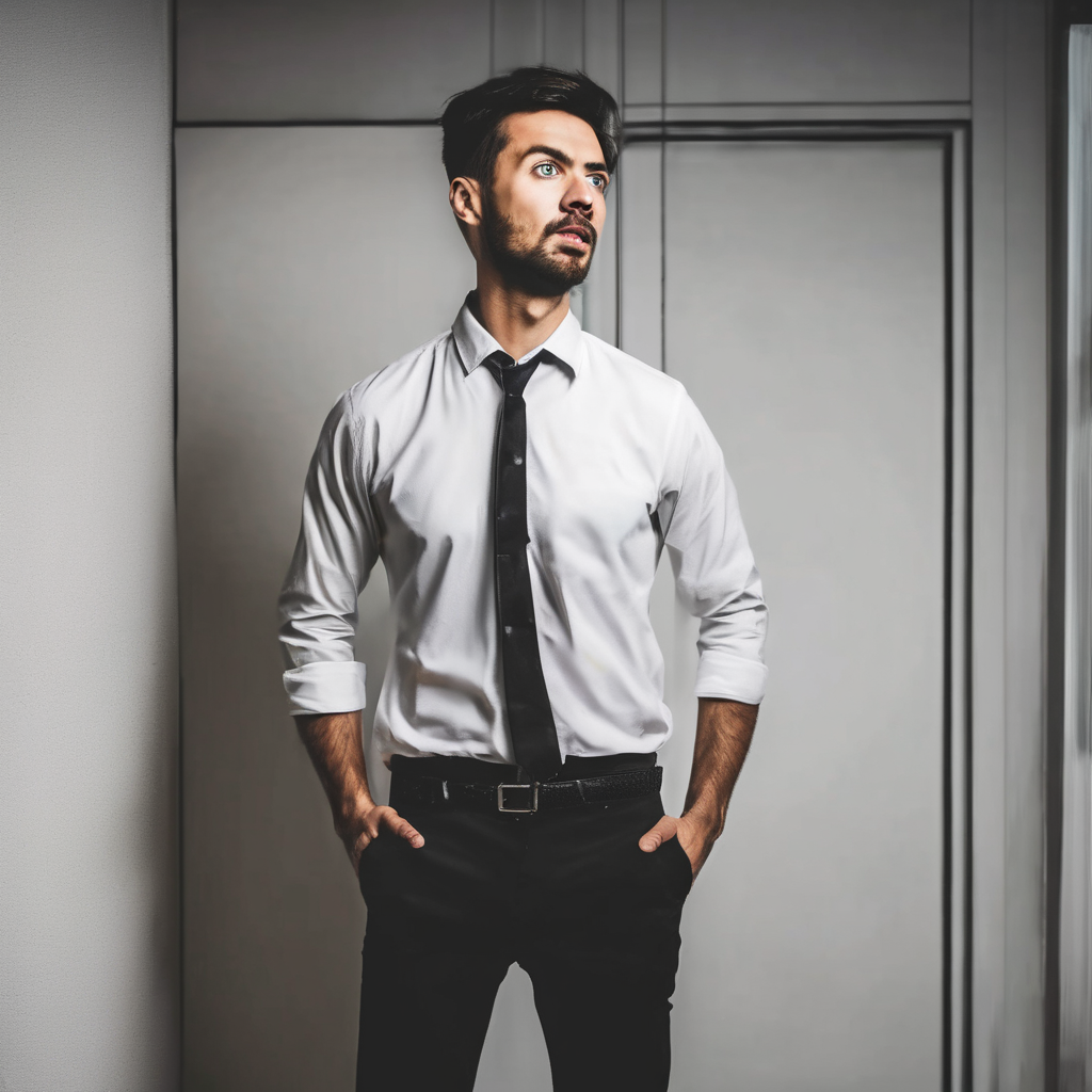 a man standing waist up wearing a office shirt looking amazed