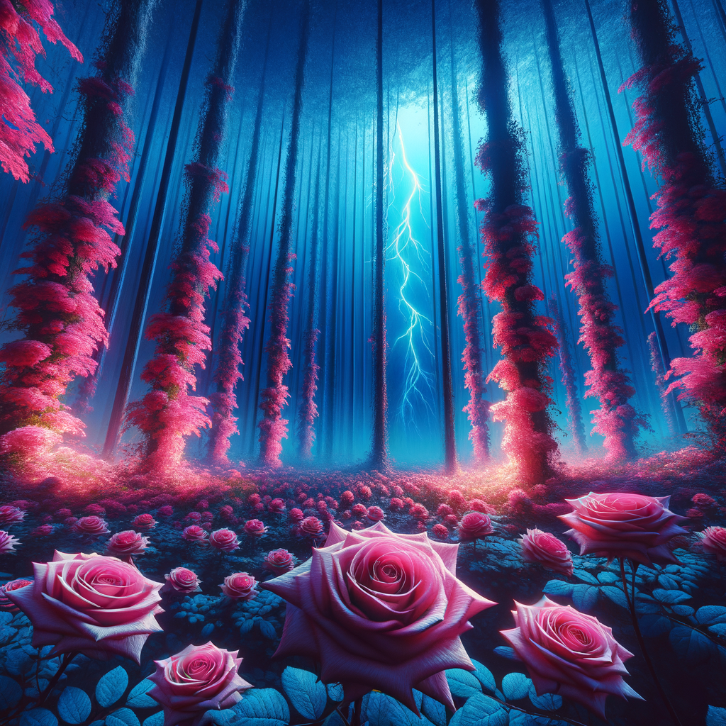 field of pink roses the size of trees in a forest