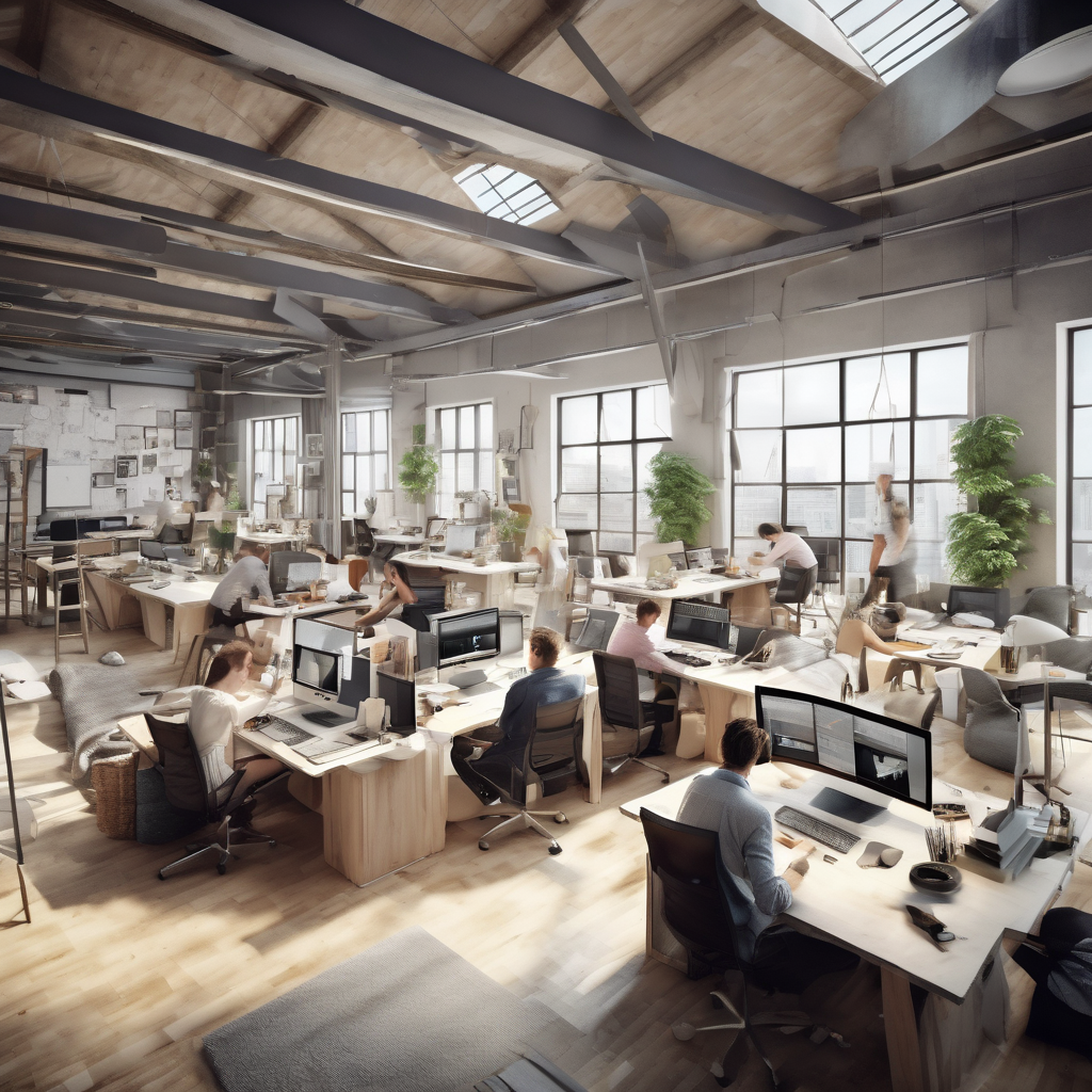 32k hd high quality photorealistic image of people working studio offic open floor plan