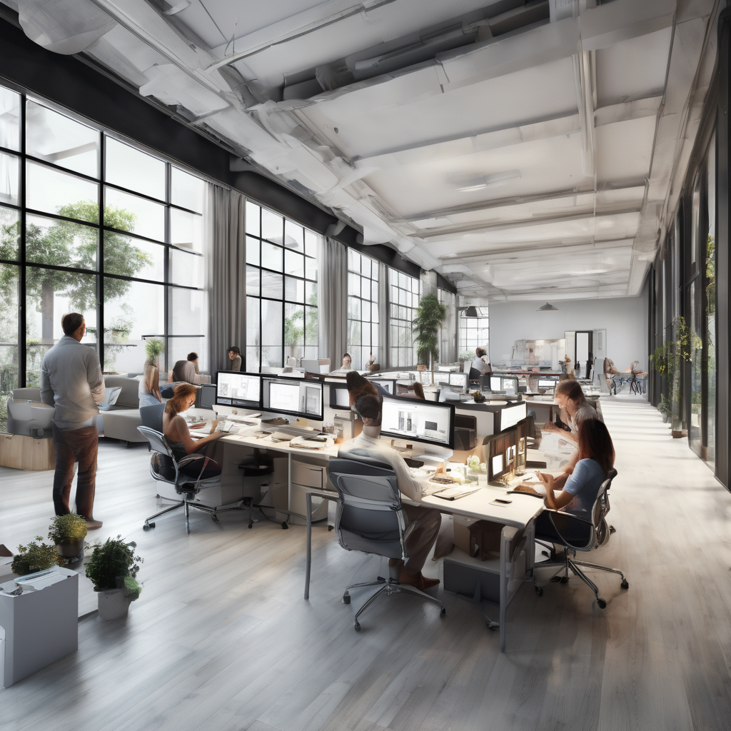 32k hd high quality photorealistic image of people working studio offic open floor plan