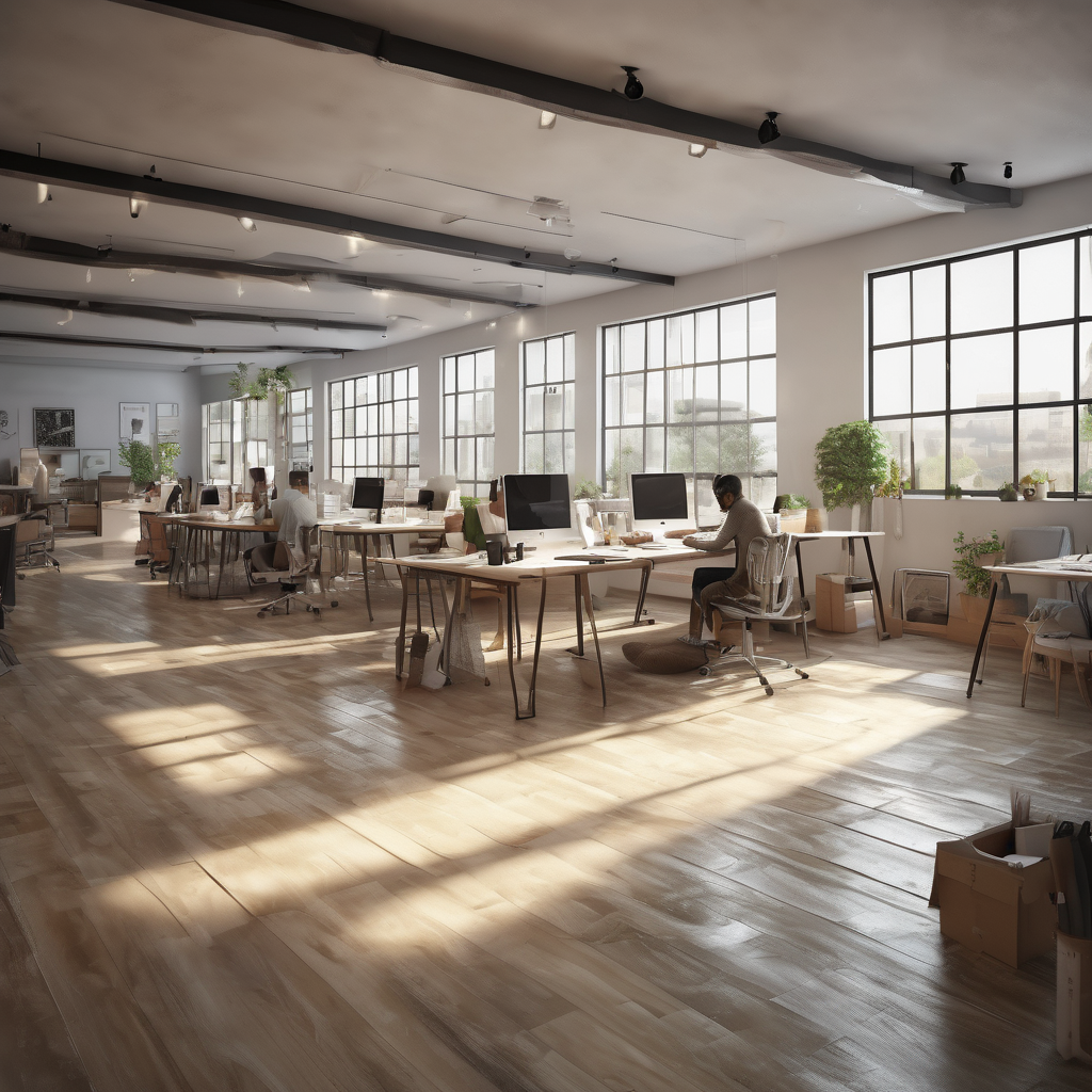 32k hd high quality photorealistic image of people working studio offic open floor plan