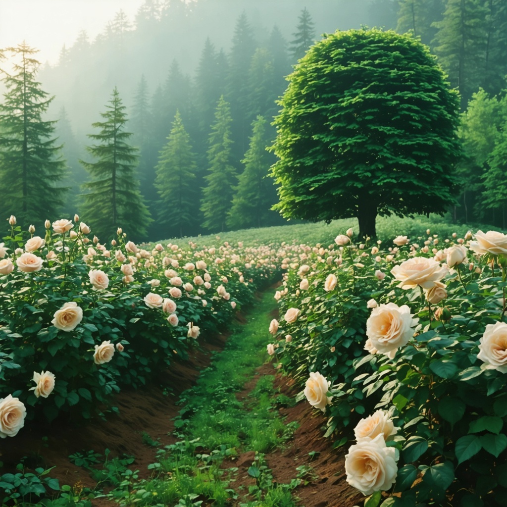 field of  giant roses like a forest