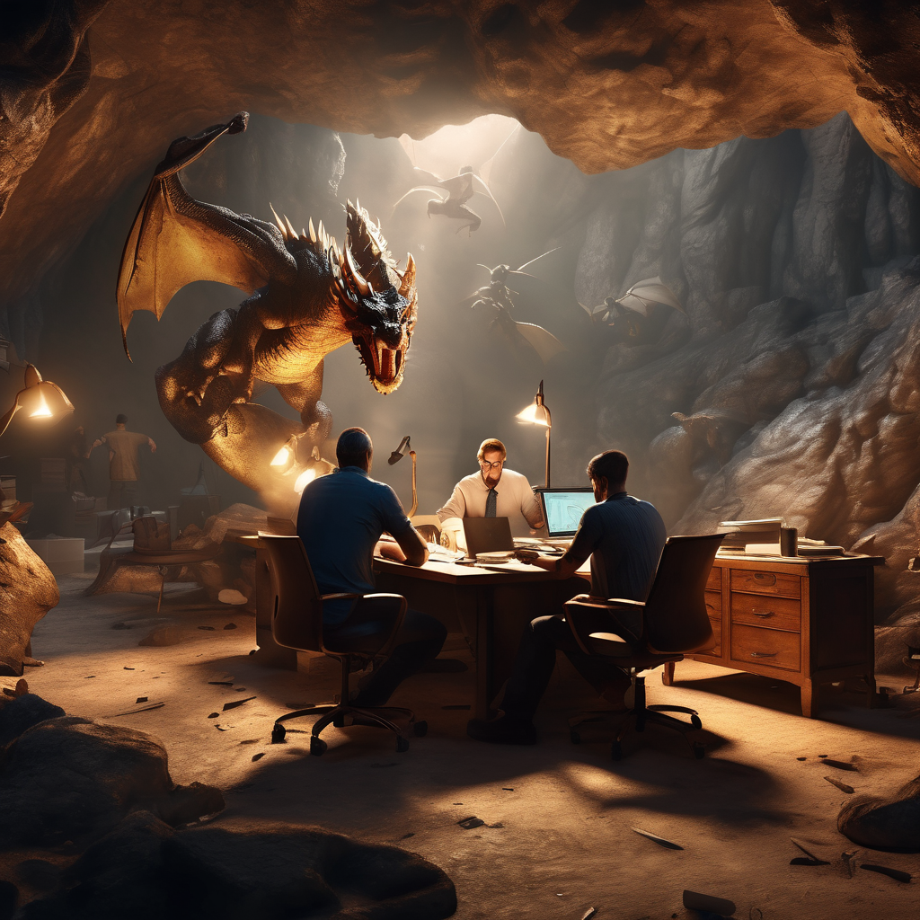 32k hd high quality photorealisticn image of people working in a office in a cave while fighting dragons