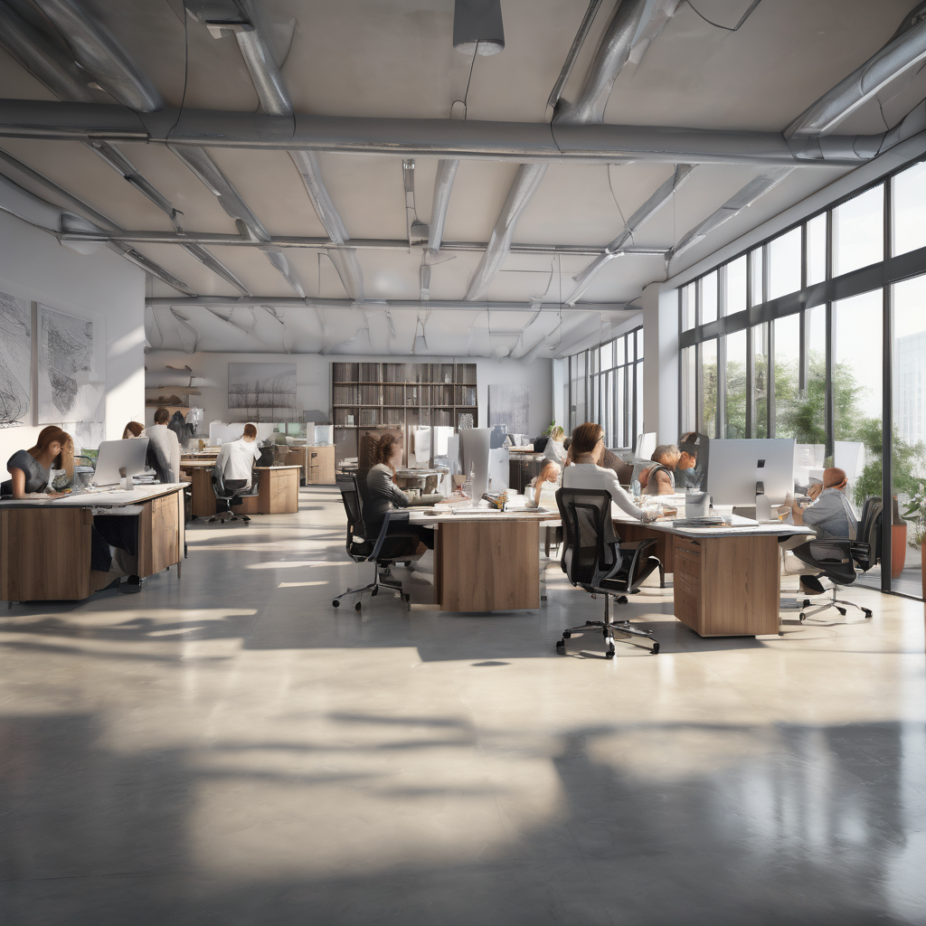 32k hd high quality photorealistic image of people working studio offic open floor plan