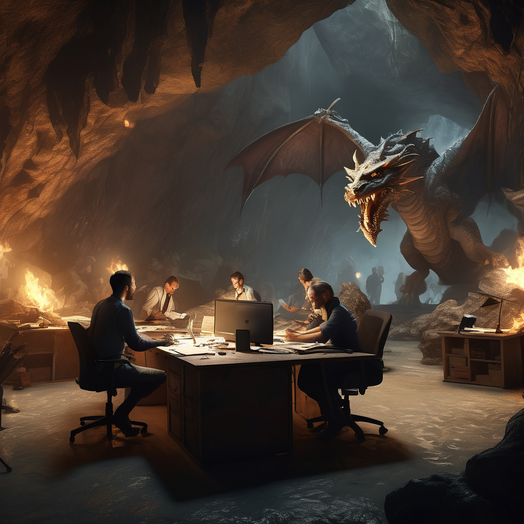 32k hd high quality photorealisticn image of people working in a office in a cave while fighting dragons