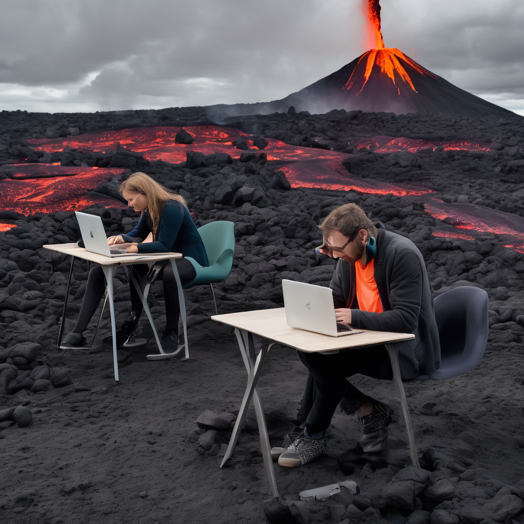 people working a laptops in a studio esk office lava feild on volcano