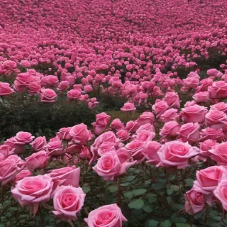 field of pink roses the size of trees in a forest