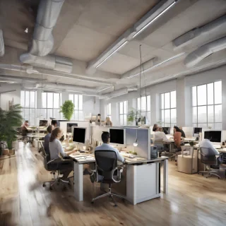 32k hd high quality photorealistic image of people working studio offic open floor plan