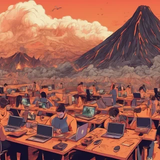 lots of people working a laptops in a studio esk office lava feild on volcano