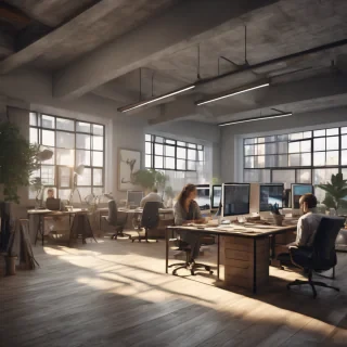 32k hd high quality photorealistic image of people working studio offic open floor plan