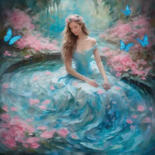 A mesmerizing impasto oil painting viewed from above, featuring a graceful princess in an enchanted palace garden. Her elegant gown, painted with thick, expressive brushstrokes, flows in layered swirls of aquamarine and soft blue, echoing the delicate ripples of a hidden royal pond. Delicate pink butterflies flutter around her, mirroring the pink petals of blooming roses scattered over a luminous mosaic walkway. Textured pebbles and intricate floral patterns form a magical tapestry beneath her, while the dynamic impasto technique adds depth and movement to the scene, encapsulating the warmth, regal elegance, and whimsical charm of a fairy-tale realm.