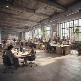 32k hd high quality photorealistic image of people working studio offic open floor plan