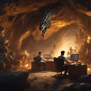 32k hd high quality photorealisticn image of people working in a office in a cave while fighting dragons