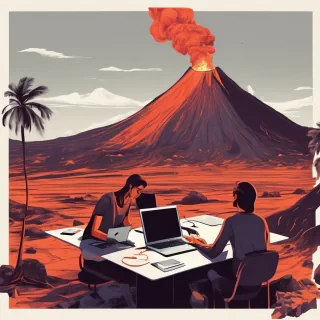 people working a laptops in a studio esk office lava feild on volcano