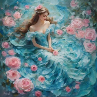 A mesmerizing impasto oil painting viewed from above, featuring a graceful princess in an enchanted palace garden. Her elegant gown, painted with thick, expressive brushstrokes, flows in layered swirls of aquamarine and soft blue, echoing the delicate ripples of a hidden royal pond. Delicate pink butterflies flutter around her, mirroring the pink petals of blooming roses scattered over a luminous mosaic walkway. Textured pebbles and intricate floral patterns form a magical tapestry beneath her, while the dynamic impasto technique adds depth and movement to the scene, encapsulating the warmth, regal elegance, and whimsical charm of a fairy-tale realm.