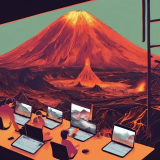 lots of people working a laptops in a studio esk office lava feild on volcano