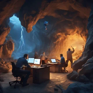 32k hd high quality photorealisticn image of people working in a office in a cave while fighting dragons