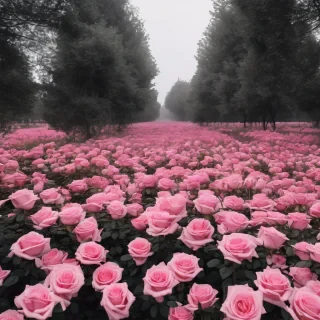 field of pink roses the size of trees in a forest