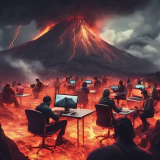lots of people working a laptops in a studio esk office lava feild on volcano