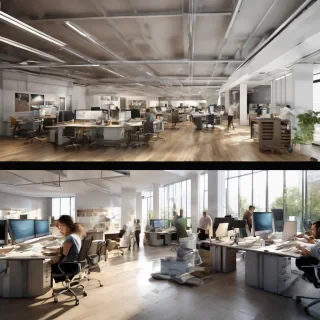 32k hd high quality photorealistic image of people working studio offic open floor plan