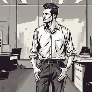 a man standing waist up wearing a office shirt looking amazed
