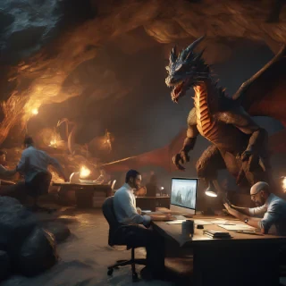 32k hd high quality photorealisticn image of people working in a office in a cave with dragons