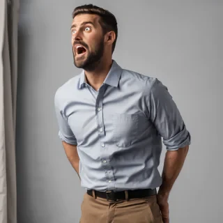 a man standing waist up wearing a office shirt looking amazed
