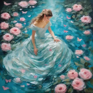 A mesmerizing impasto oil painting viewed from above, featuring a graceful princess in an enchanted palace garden. Her elegant gown, painted with thick, expressive brushstrokes, flows in layered swirls of aquamarine and soft blue, echoing the delicate ripples of a hidden royal pond. Delicate pink butterflies flutter around her, mirroring the pink petals of blooming roses scattered over a luminous mosaic walkway. Textured pebbles and intricate floral patterns form a magical tapestry beneath her, while the dynamic impasto technique adds depth and movement to the scene, encapsulating the warmth, regal elegance, and whimsical charm of a fairy-tale realm.