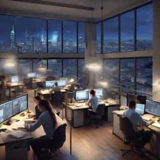 32k hd high quality photorealistic image of people working studio offic open floor plan