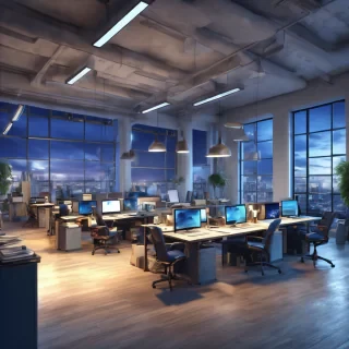32k hd high quality photorealistic image of people working studio offic open floor plan