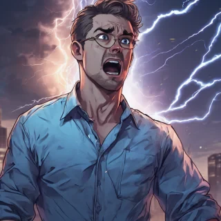 a man standing waist up wearing a office shirt looking amazed