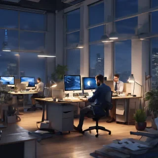 32k hd high quality photorealistic image of people working in a minimum office