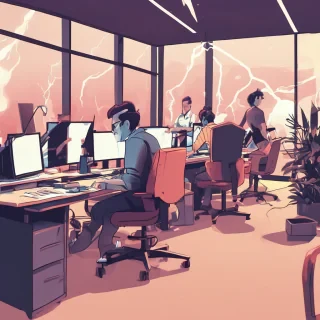 people working studio office on a rollercoster