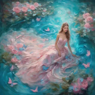 A mesmerizing impasto oil painting viewed from above, featuring a graceful princess in an enchanted palace garden. Her elegant gown, painted with thick, expressive brushstrokes, flows in layered swirls of aquamarine and soft blue, echoing the delicate ripples of a hidden royal pond. Delicate pink butterflies flutter around her, mirroring the pink petals of blooming roses scattered over a luminous mosaic walkway. Textured pebbles and intricate floral patterns form a magical tapestry beneath her, while the dynamic impasto technique adds depth and movement to the scene, encapsulating the warmth, regal elegance, and whimsical charm of a fairy-tale realm.