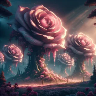 field of pink roses the size of trees in a forest